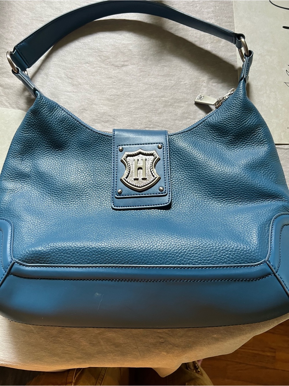 Blue Leather Shoulder Satchel with Shield Accent